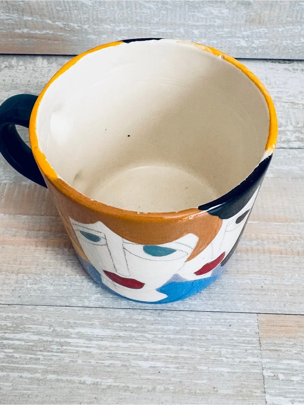 Michelle Burton Mug 1993 Studio Art Pottery Signed Abstract Pop Colorful Faces